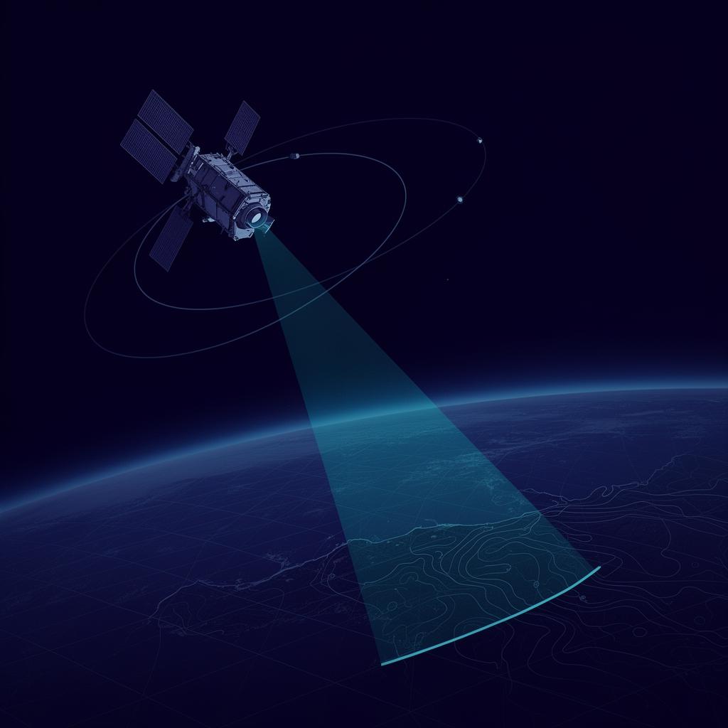 Reconnaissance satellite scanning Earth from orbit at night