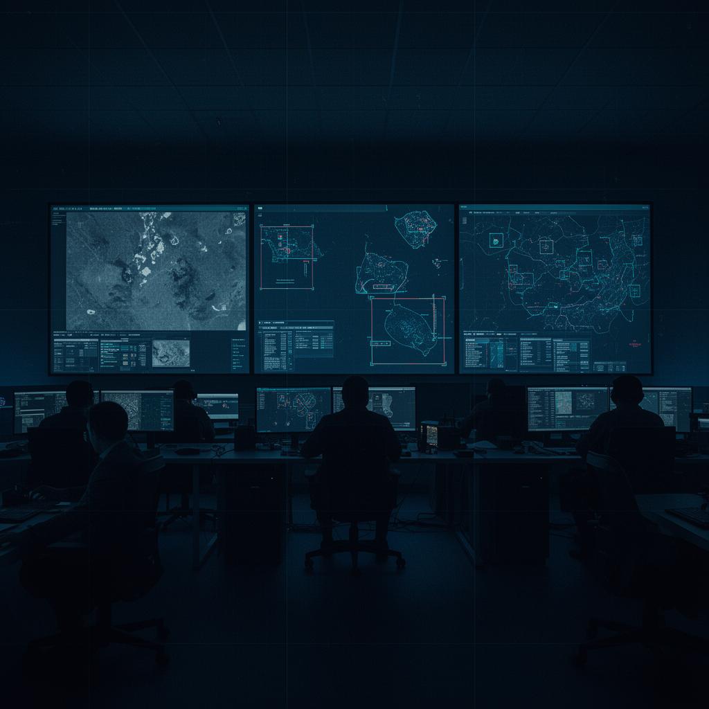 Intelligence analysts at workstations reviewing satellite imagery in an operations center